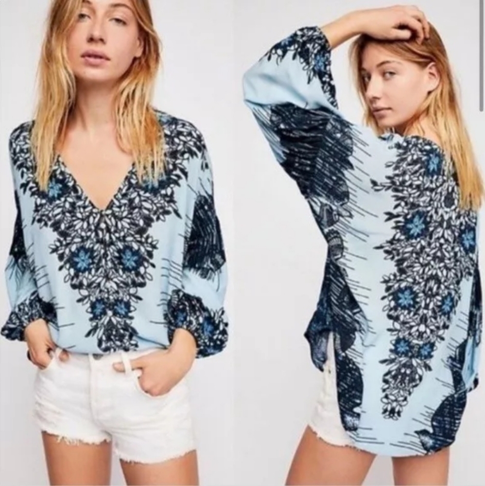 Free People Birds Of A Feather Blue Front Button Blouse, Size Large